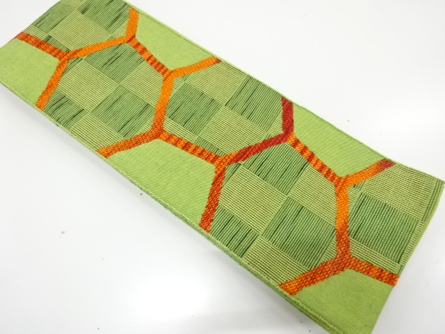 亀甲に市松模様織り出し　半幅帯